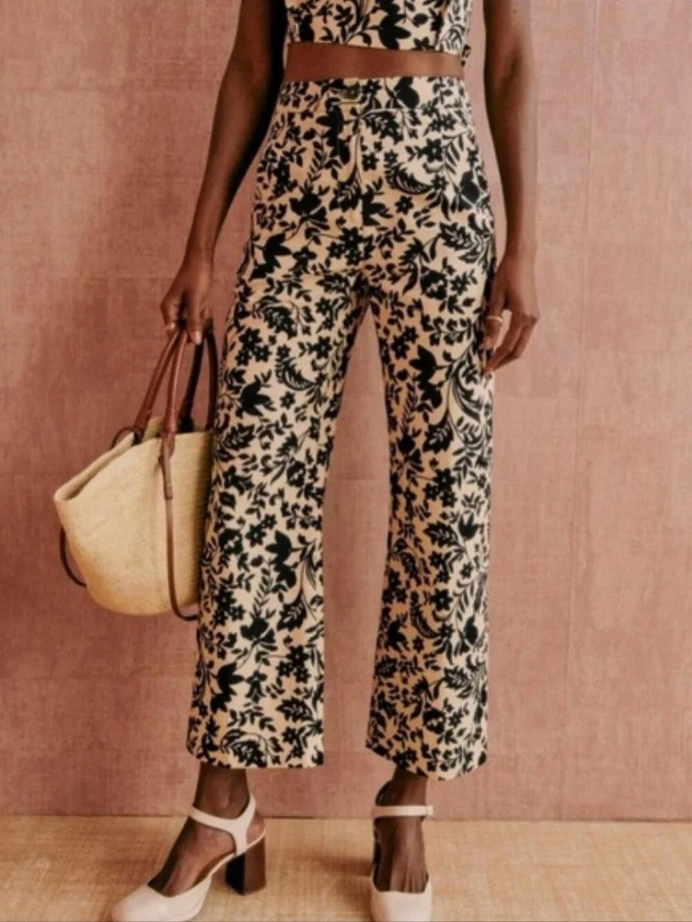 Sezane Martin Crop Nora Print Trousers Linen Blend Floral Pants Size 8